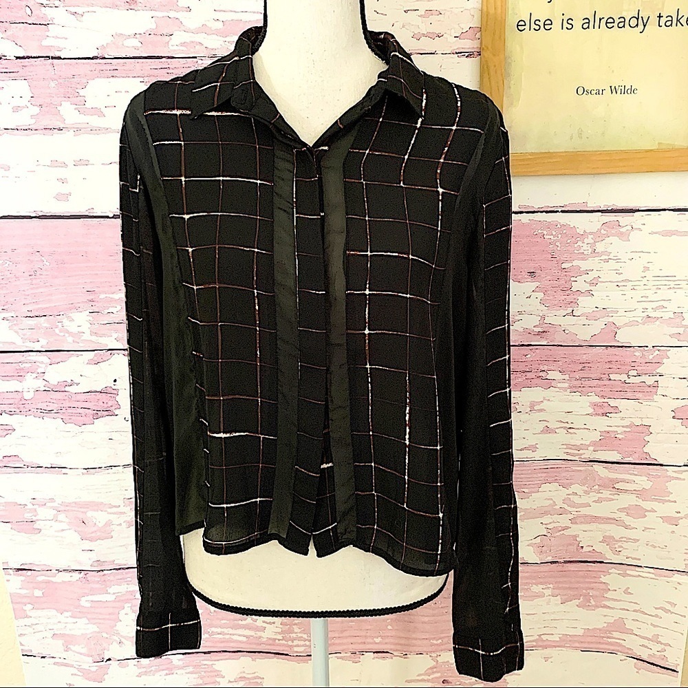 LEITH Plaid Sheer Window Panels Collared Button Down Chiffon Blouse Medium